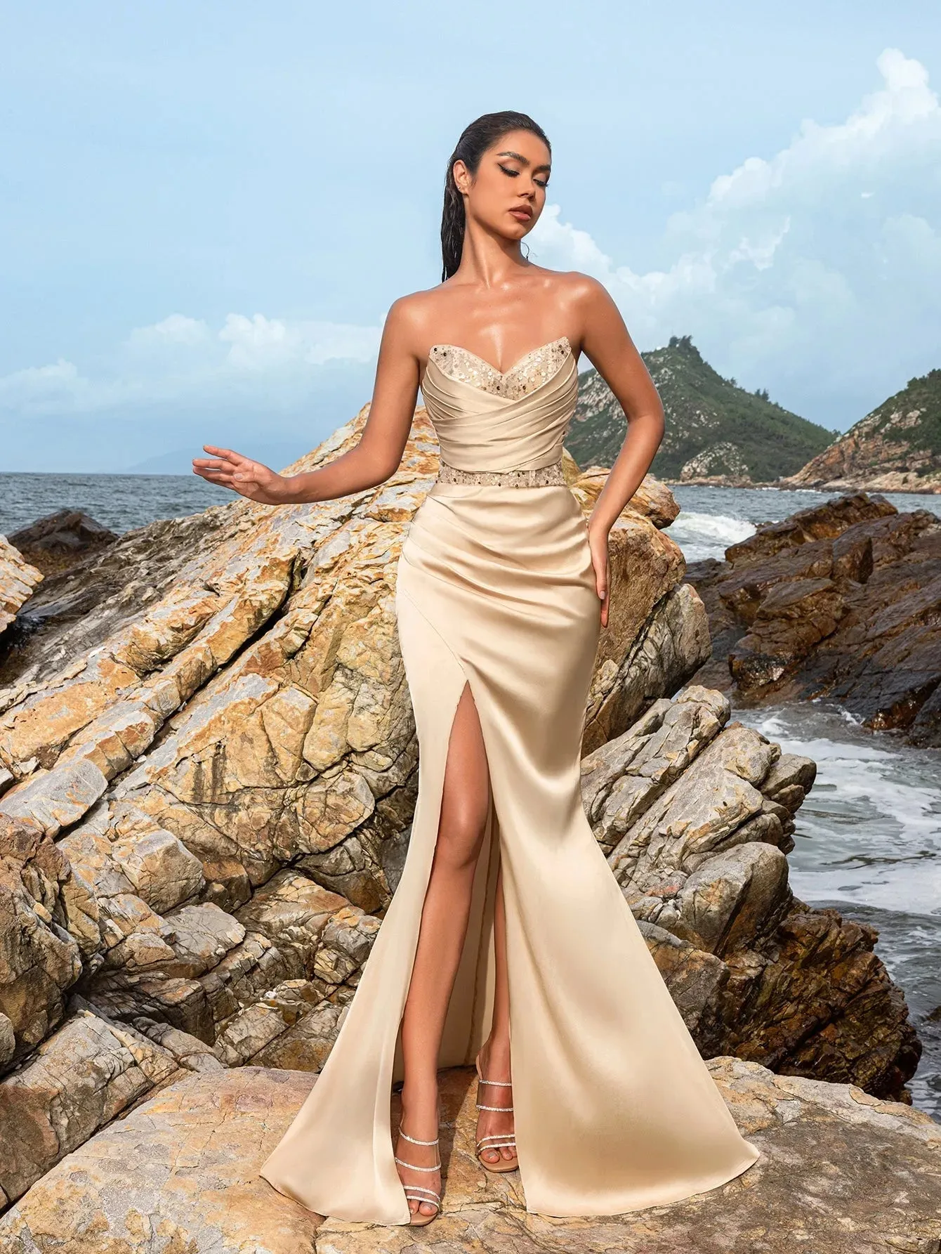 Elegant Strapless Contrast Sequin Split Thigh Satin Mermaid Party Dress
